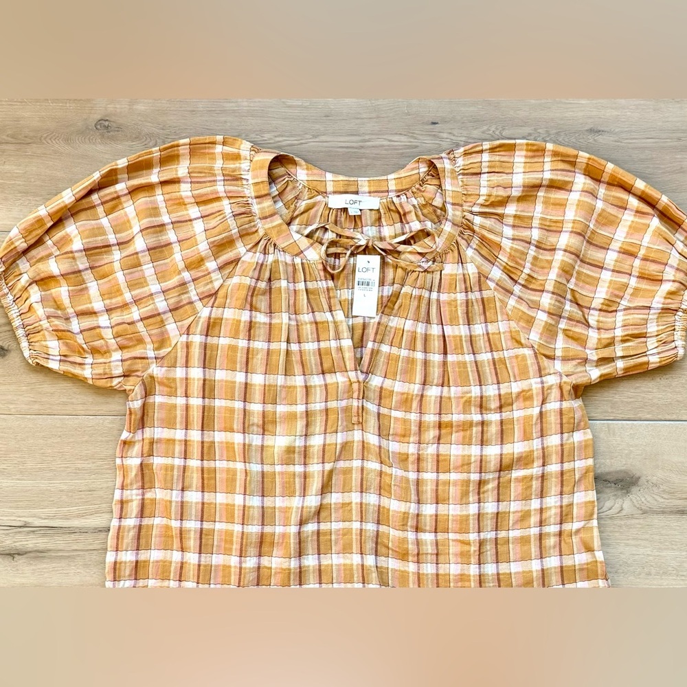 NWT LOFT Sunset-Colored Plaid Shirt Size L - Picture 2 of 6